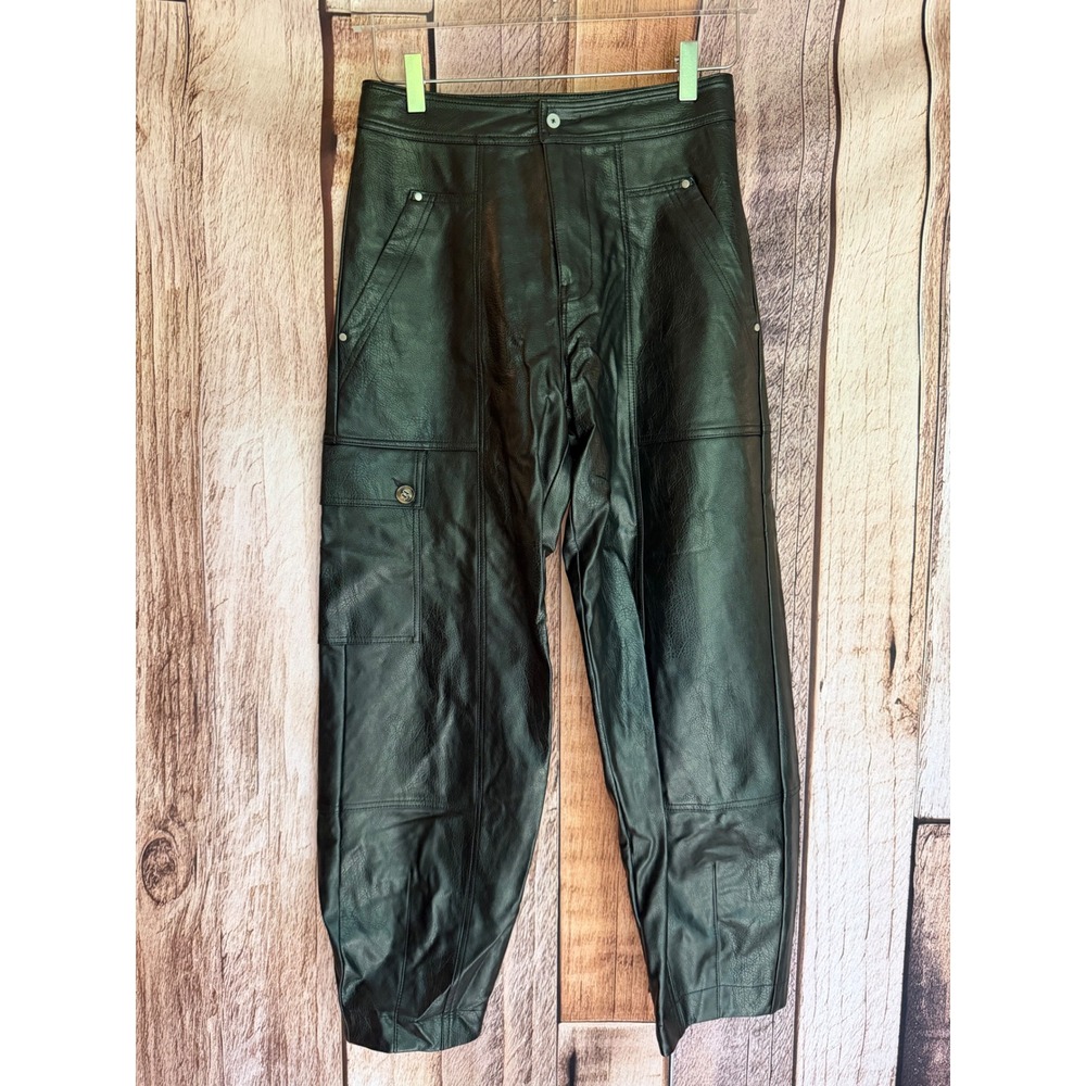 Anthropologie Faux Vegan Leather Cargo Pants Black Utility Barrel Leg Size US 0